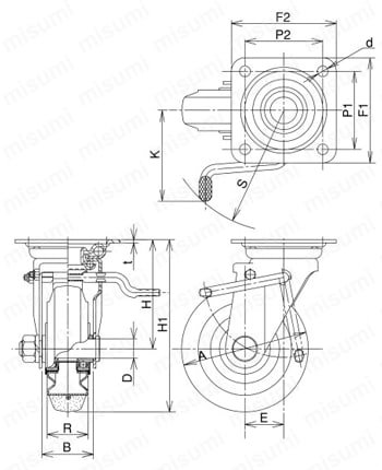 中荷重用キャスター 旋回 （ダブルストッパ付） JBtype サイズ100mm （金具のみ車輪なし） 外形図