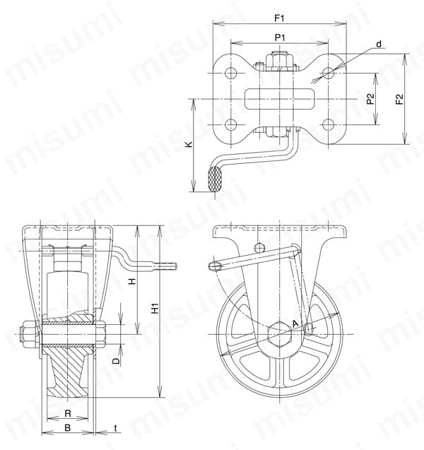 ステンレス製キャスター 固定 （回転ストッパ付） KABZtype サイズ75mm (金具のみ車輪なし) 外形図