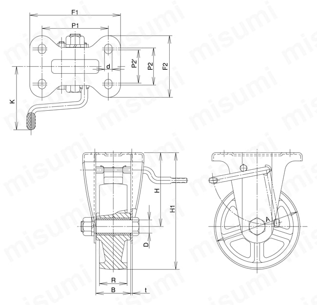 ステンレス製キャスター 固定 （回転ストッパ付） KABZtype サイズ130mm (金具のみ車輪なし) 外形図