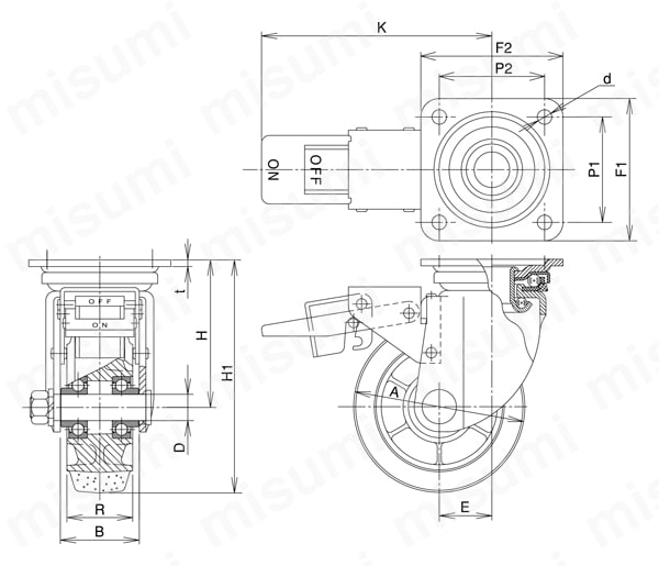 重荷重用キャスター 旋回（回転ストッパ付）JMBtype サイズ100～130mm (金具のみ車輪なし) 外形図