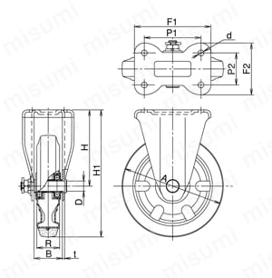 牽引用キャスター 固定 KHW/KWtype サイズ150mm～200mm (金具のみ車輪なし) 外形図