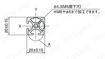 Line5 ストラットプロファイル 20X20 1列溝X1列溝 2面溝 SPH 外形図