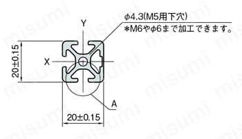 Line5 ストラットプロファイル 20×20 1列溝×1列溝 3面溝 SPH 外形図
