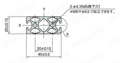 Line5 ストラットプロファイル 40X20 1列溝X0列溝 2面溝（対向） SPH 外形図