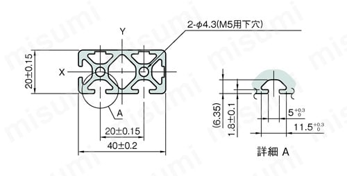 Line5 ストラットプロファイル 40X20 1列溝X2列溝 2面溝 SPH 外形図