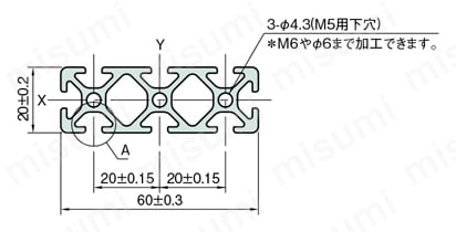 Line5 ストラットプロファイル 60X20 1列溝X3列溝 4面溝 SPH 外形図