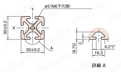 Line6 ストラットプロファイル6 30X30（1列溝X1列溝 4面溝）（SPH） 外形図
