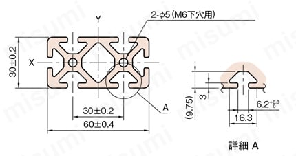 Line6 ストラットプロファイル 60X30 1列溝X2列溝 4面溝 SPH 外形図