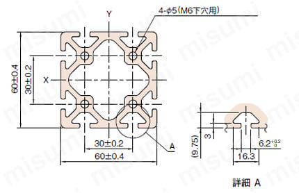 Line6 ストラットプロファイル 60X60（2列溝X2列溝 4面溝）（SPH） 外形図