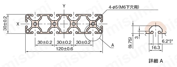 Line6 ストラットプロファイル 軽量型 120X30 1列溝X4列溝 4面溝 SPL 外形図