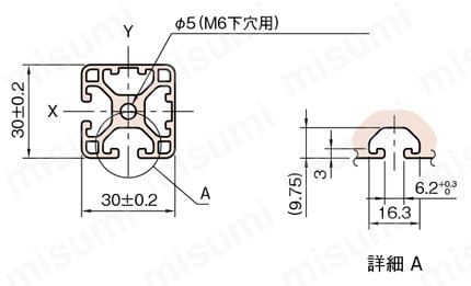 Line6 ストラットプロファイル 軽量型 30X30 1列溝X1列溝 2面溝 SPL 外形図