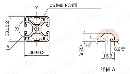 Line6 ストラットプロファイル 軽量型 30X30 1列溝X0列溝 2面溝（対向） SPL 外形図