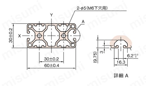 Line6 ストラットプロファイル 軽量型 60X30 1列溝X0列溝 2面溝（対向） SPL 外形図