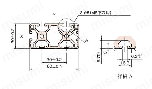 Line6 ストラットプロファイル 軽量型 60X30 1列溝X2列溝 2面溝 SPL 外形図