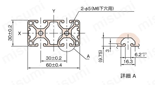 Line6 ストラットプロファイル 軽量型 60X30 2列溝X0列溝 2面溝（対向） SPL 外形図