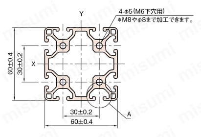 Line6 ストラットプロファイル 軽量型 60×60 2列溝×2列溝 4面溝 SPL 外形図