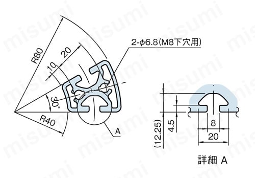 Line8 R40/80-30°ラウンドプロファイル RPH48 外形図