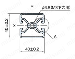 Line8 ストラットプロファイル エコノミー型 40X40 1列溝X0列溝 2面溝（対向） SPE 外形図