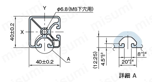 Line8 ストラットプロファイル エコノミー型 40X40 1列溝X1列溝 2面溝 SPE 外形図