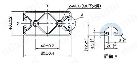 Line8 ストラットプロファイル エコノミー型 80X40 1列溝X0列溝 2面溝（対向） SPE 外形図