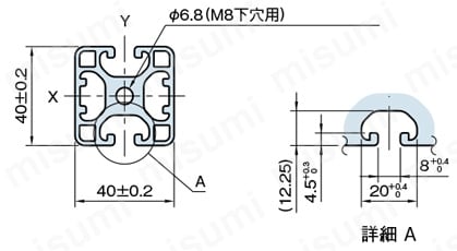 Line8 ストラットプロファイル 軽量型 40X40 1列溝X0列溝 2面溝（対向） SPL 外形図