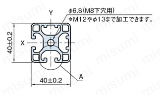 Line8 ストラットプロファイル 軽量型  40X40 1列溝X1列溝 2面溝 SPL 外形図
