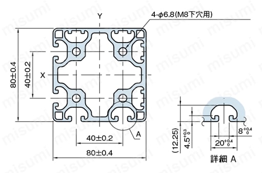Line8 ストラットプロファイル 軽量型 80X80 2列溝X2列溝 2面溝 SPL 外形図