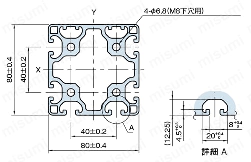 Line8 ストラットプロファイル 軽量型 80X80 2列溝X2列溝 3面溝 SPL 外形図