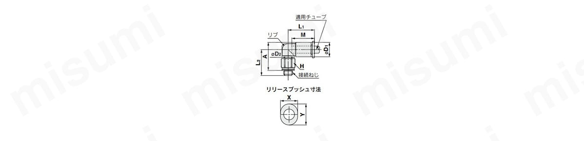 エルボユニオン：KQ2L（ガスケットシール）の外形図