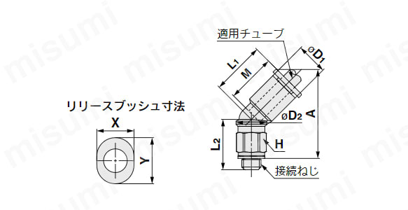 45°エルボユニオン：KQ2K（ガスケットシール）の外形寸法図