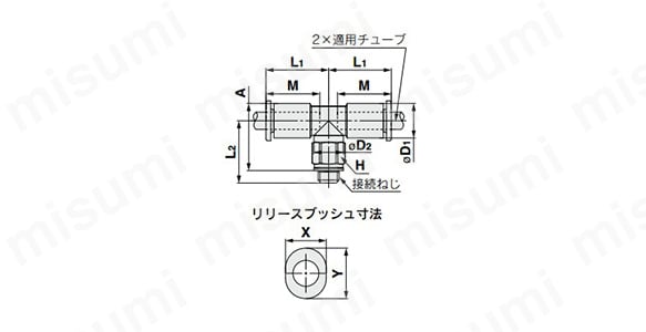 両口チーズユニオン：KQ2T（ガスケットシール）の外形寸法図