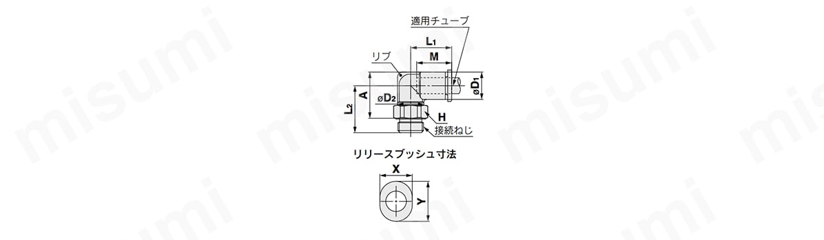エルボユニオン：KQ2L（パッキンシール）の外形図