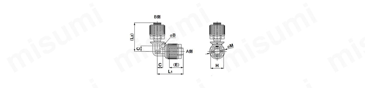 スペースセービングユニオンエルボ：LQ1E-SS ミリサイズ 寸法図