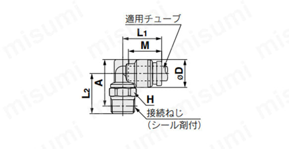 エルボユニオン：KQG2Lの外形図（Rの場合）