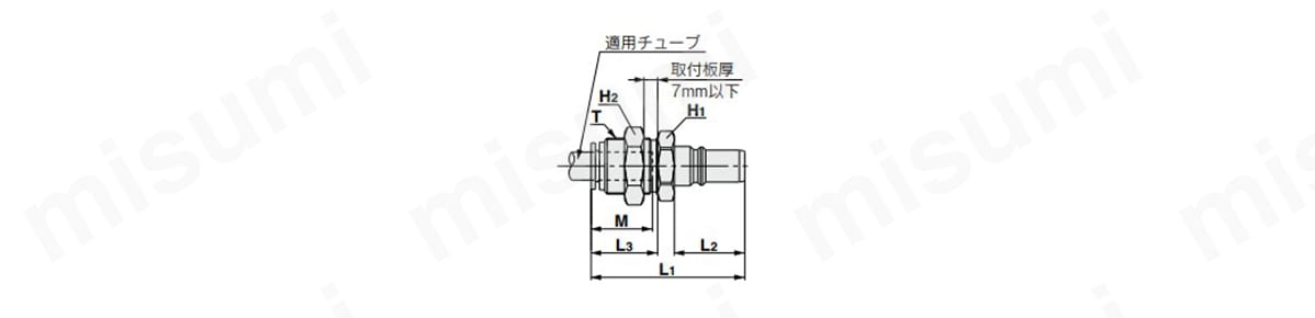 ワンタッチ管継手付き隔壁タイプの寸法図