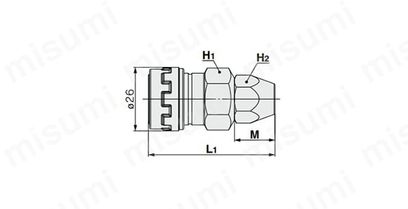 ナット管継手付タイプ（布入りウレタンホース用）の寸法図（単位：mm）