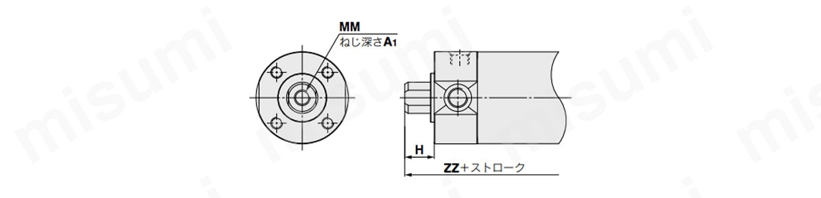 ロッド先端めねじ形の外形寸法図