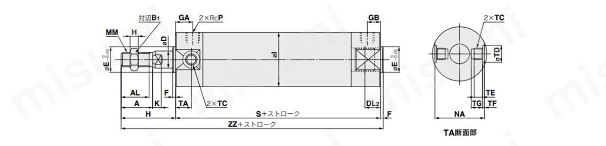 基本形／CBG1BN：ラバークッション付き ヘッド側ロック付き：CBG1BN チューブ内径-ストローク-H□の寸法図