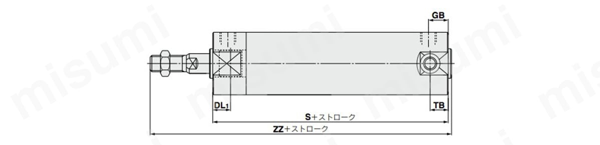 基本形／CBG1BN：ラバークッション付き ロッド側ロック付き：CBG1BN チューブ内径-ストローク-R□の寸法図