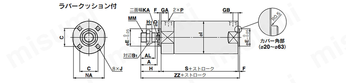 基本形／CG3BN チューブ内径-ストローク ラバークッション付きの寸法図