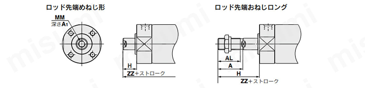 ロッド先端めねじ形／ロッド先端おねじロングの寸法図