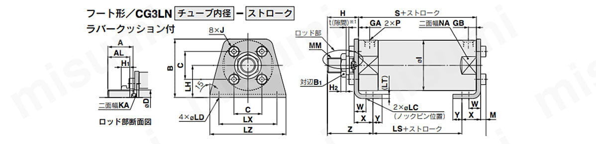 フート形／CG3LN チューブ内径-ストローク ラバークッション付きの寸法図