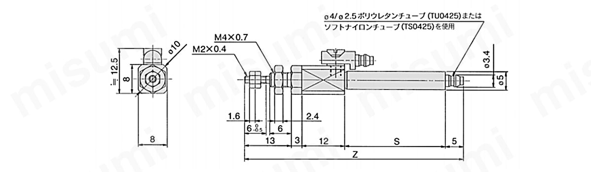 CJ1シリーズ（チューブ内径4mm）の外形寸法図