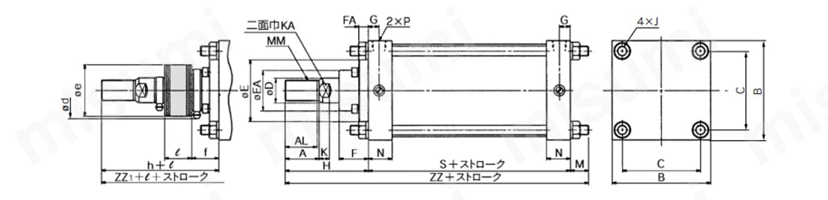 給油タイプ（CS1B）、無給油タイプ（CS1BN）、エアハイドロタイプ（CS1BH）の外形寸法図（ジャバラ付）