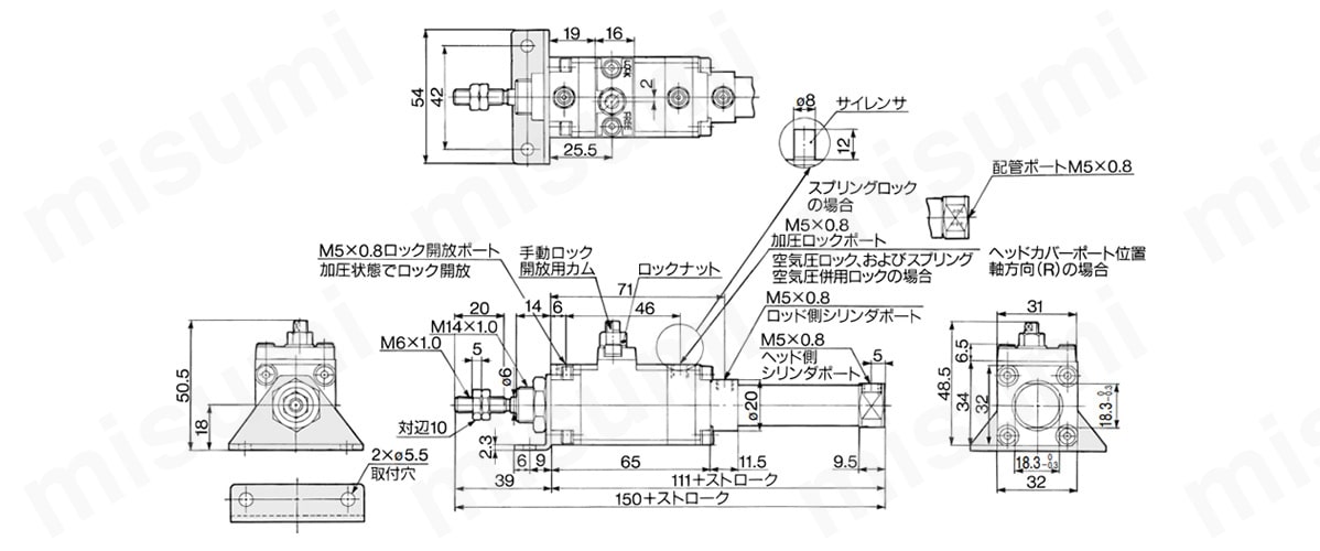 軸方向フート形（L）CLJ2L16-□□- E／D／Pの寸法図
