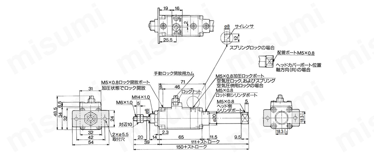 ロッド側フランジ形（F）CLJ2F16-□□- E／D／Pの寸法図