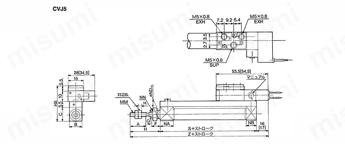 バルブ付エアシリンダ 複動・片ロッド CVJ5シリーズ SMC MISUMI(ミスミ)