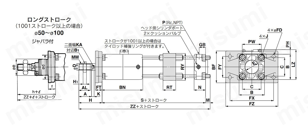 ロッド側フランジ形／CLA2F（ロングストローク）の寸法図