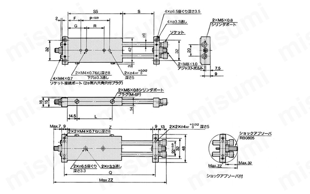 SMC:ガイド付薄形シリンダ 型式:MGPL32-300Z（1セット:10個入） - 4