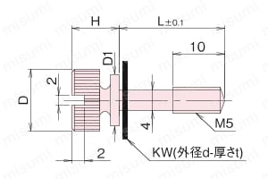 黄銅 ローレットツマミ（スリ割 ツバ付 胴細・ワッシャ組込）/NB-E-N 外形図3
